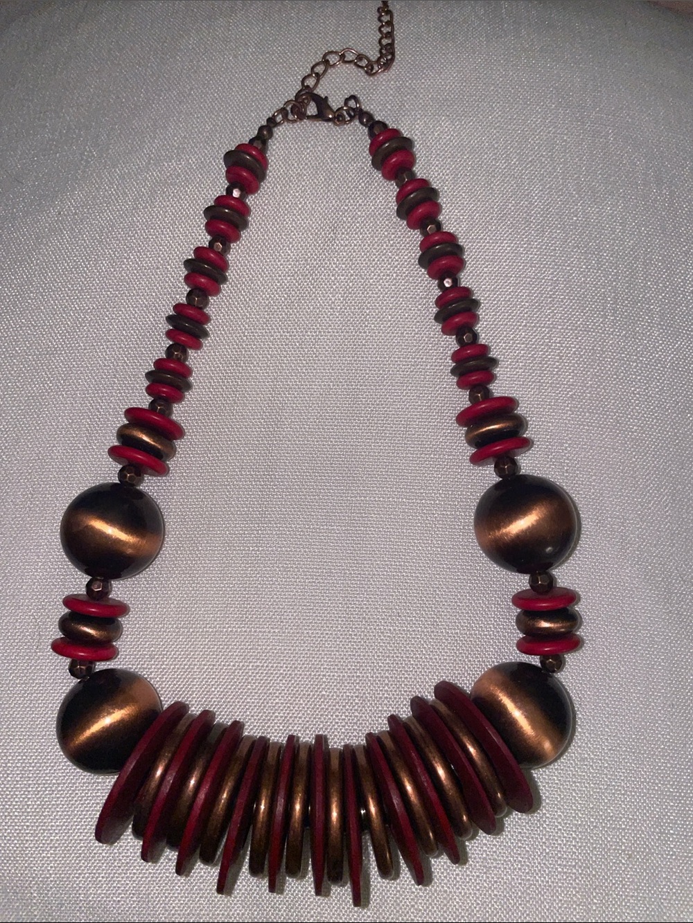 Boho Handcrafted Red and Bronze Disc Statement Necklace